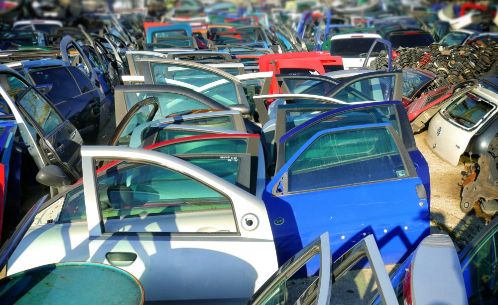 Colorful broken car doors for spare use abandoned